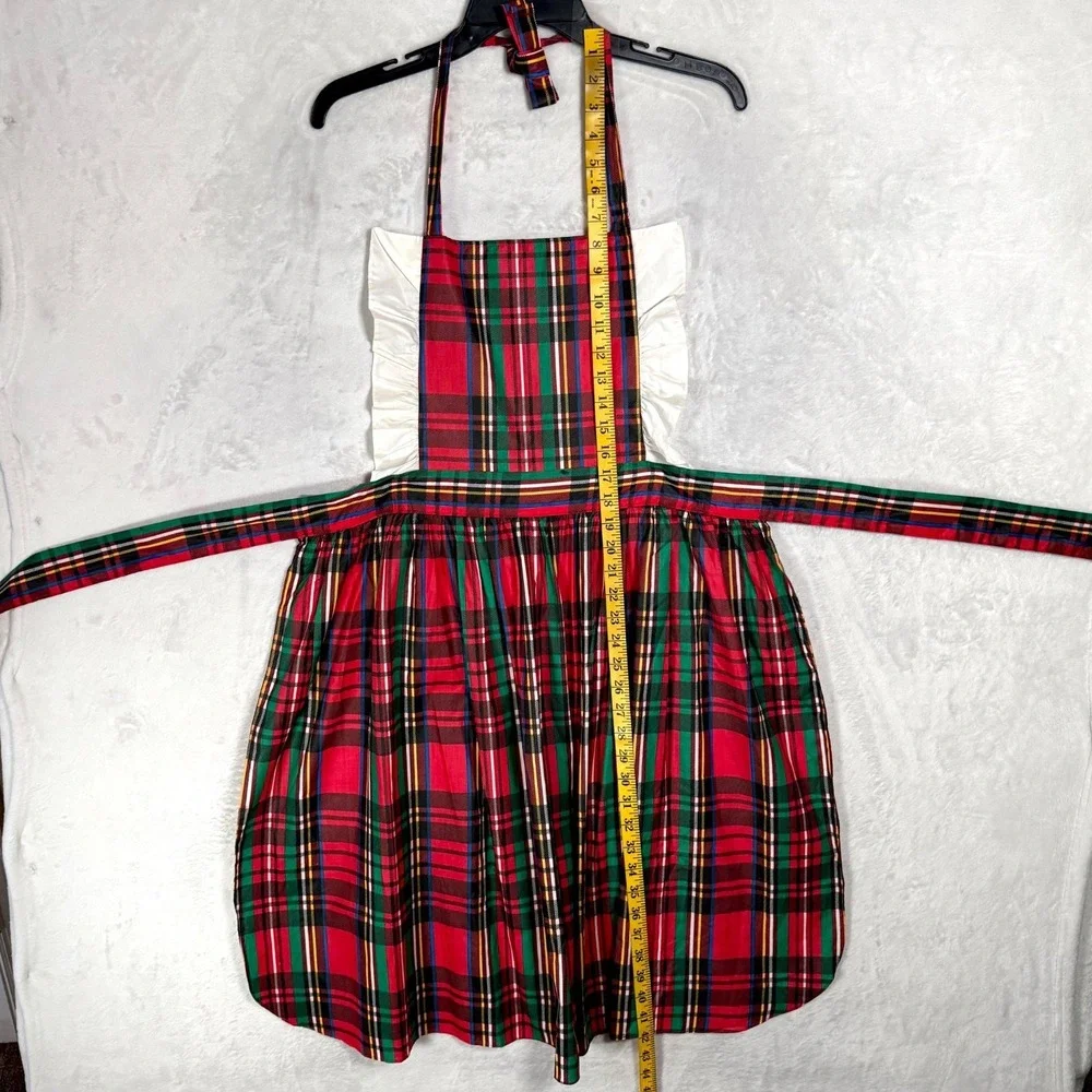 Vintage 70s Plaid‎ Pinafore Apron Dress Ruffle Bib Tie Back Lady One Size USA